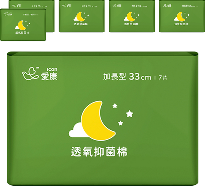 icon 愛康 透氧抑菌棉 衛生棉, 加長型(33cm), 7片, 6包