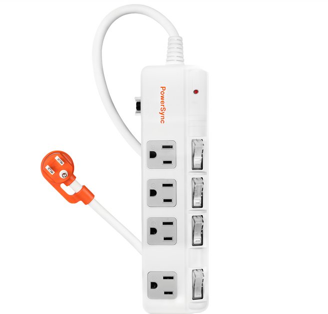 PowerSync 群加 3P4斜面開關防雷擊延長線 4孔 TPS344BN9018, 1.8m, 白色, 1條