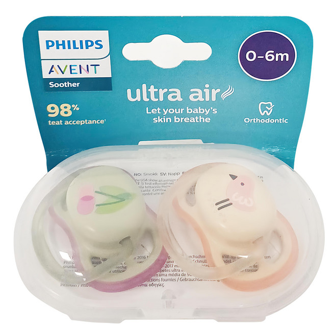 PHILIPS 飛利浦 AVENT 新安怡 Ultra Air 奶嘴2入組 SCF085/13, 0~6個月, 麻雀 + 櫻桃, 1組