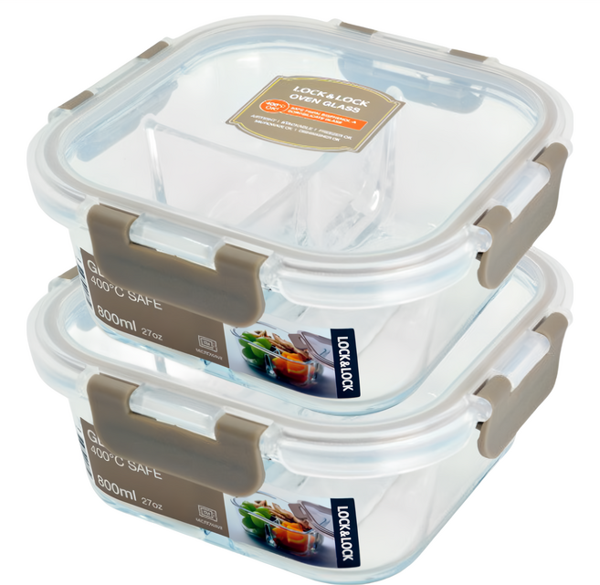 LocknLock 樂扣樂扣 分隔耐熱玻璃微波烤箱兩用保鮮盒1 + 1超值組 正方形 800ml, 透明色, 1組