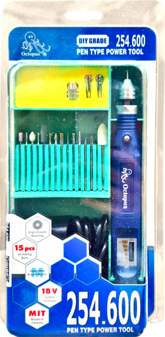 Octopus 章魚牌 筆型刻模機 18件組 適用於3D列印 模型玩具 美甲修整 模具拋光 玻璃雕刻 寵物磨甲 寶飾研磨 金屬鑽孔, 1個