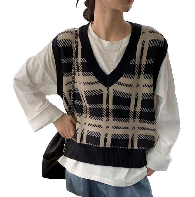 韓系學院風大格紋外搭背心 針織棉+聚酯纖維