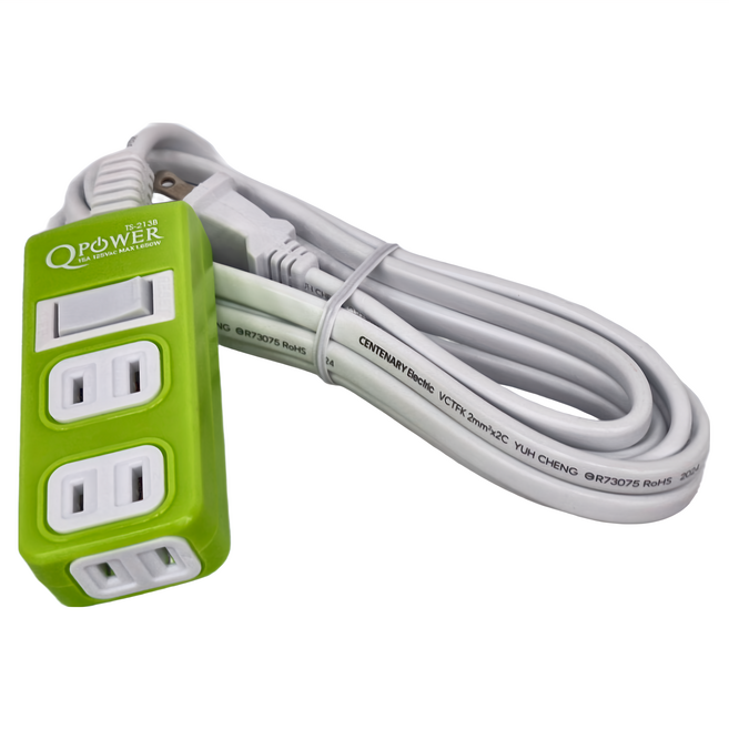 Tyson 太順電業 QPOWER 太超值 2孔1開3插 延長線插座 TS-213B, 2.7m, 萊姆色, 1條