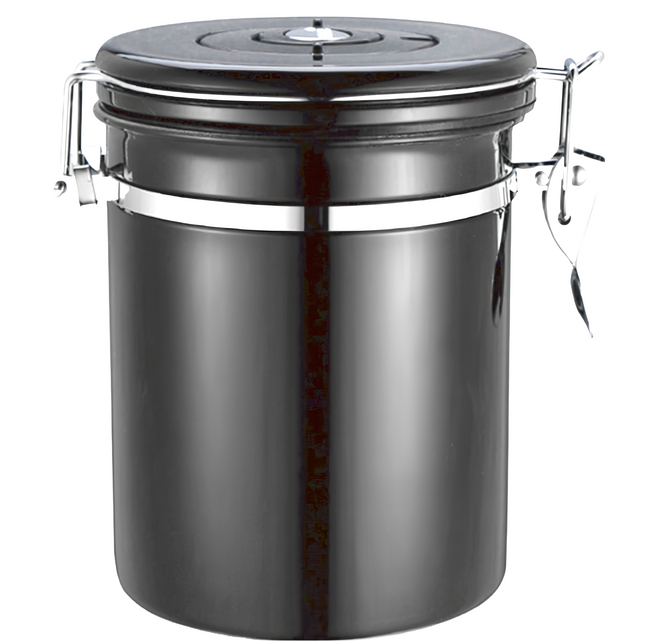 PUSH! 304不銹鋼咖啡豆密封罐 排氣閥密封儲物罐 茶葉罐乾果咖啡罐帶勺, 黑色 + 銀色, 1個