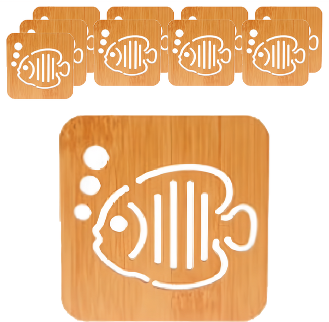 小麥購物 木質隔熱墊 Y079 大款 38g, 小魚泡泡 原木色, 10個