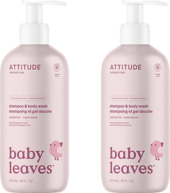 ATTITUDE 艾特優 嬰幼兒2合1洗髮沐浴露 無香, 473ml, 2瓶