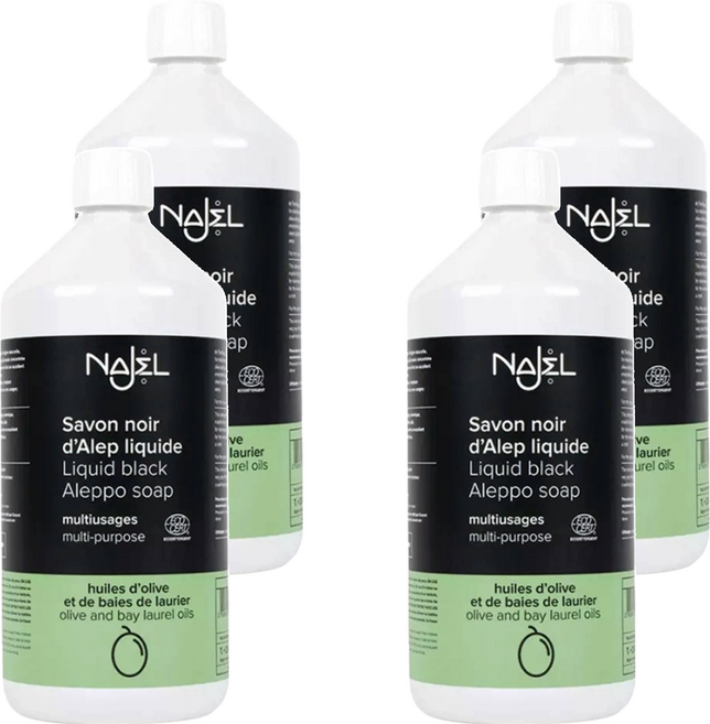 NAJEL 阿勒坡萬用神奇黑皂液 1L 橄欖油和月桂油製成 清潔和去除油脂 廚房/浴室/地板清潔, 4瓶