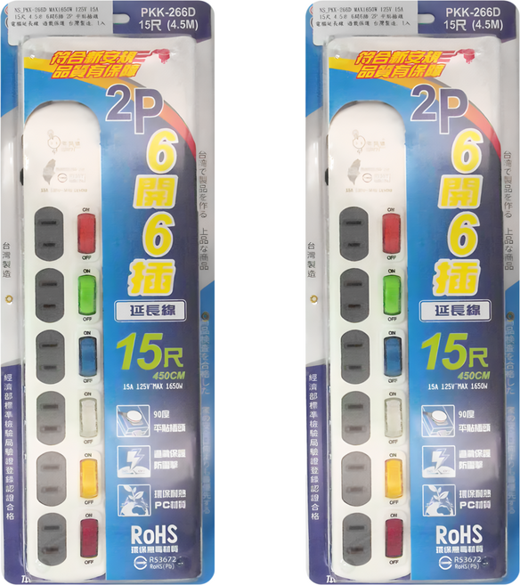 spirit 電精靈 平貼插頭 電腦延長線 過載保護 6開6插 15R, 450cm, 白色 + 灰色, 2個