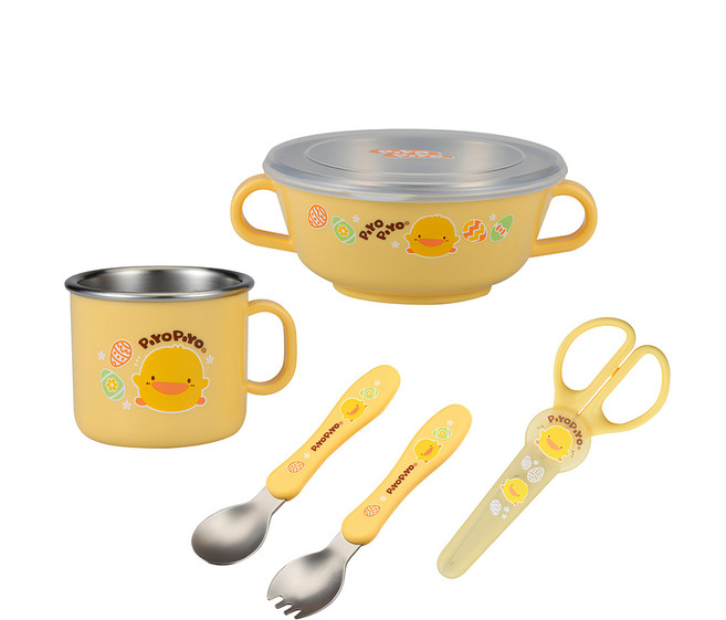 PiYOPiYO 黃色小鴨 不鏽鋼隔熱餐具組, 不鏽鋼匙叉組 + 不鏽鋼隔熱雙耳碗240ml + 不鏽鋼隔熱單耳杯180ml + 多功能剪刀, 黃色, 1組