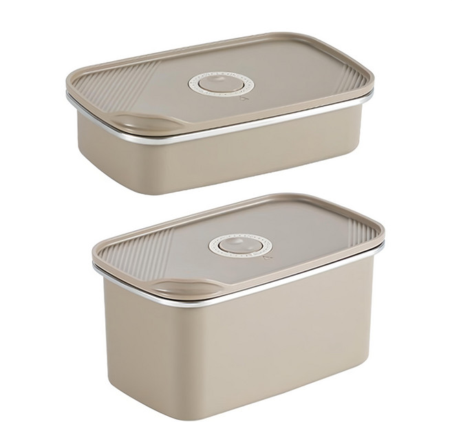 Mega 304不鏽鋼日式微真空冰箱保鮮盒 卡其 (700+1400ml), 2個, 1組