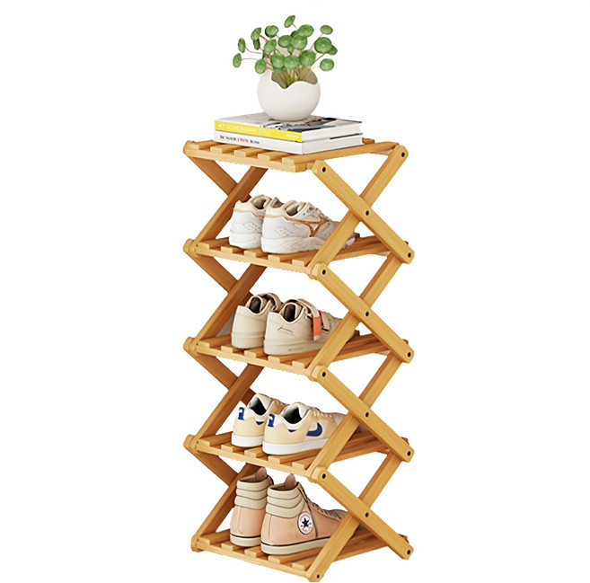 小麥購物 竹製免安裝折疊收納鞋架 L1448 26 x 26 x 71cm 5層, 原木色, 1個