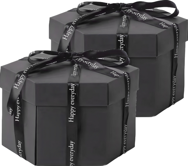 六邊精品禮物爆炸盒DIY成品 附緞帶, 黑色, 2個