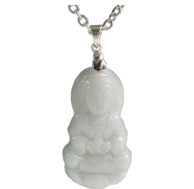 喜緣玉品 保安玉觀音A貨 27x15x5mm 搭配白鋼項鍊18吋及白鋼墜, 1條, 翡翠