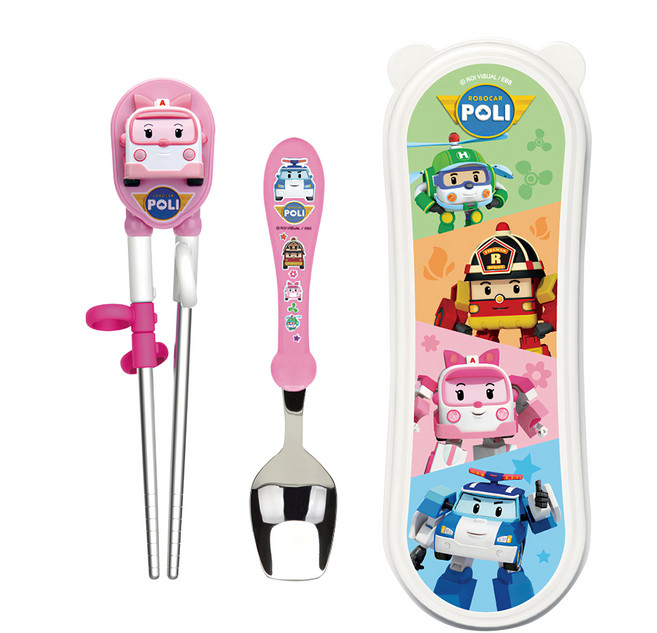 Edison X 波力救援小英雄 不鏽鋼筷匙組 右手用 附收納盒 Amber款, 1組, 粉色