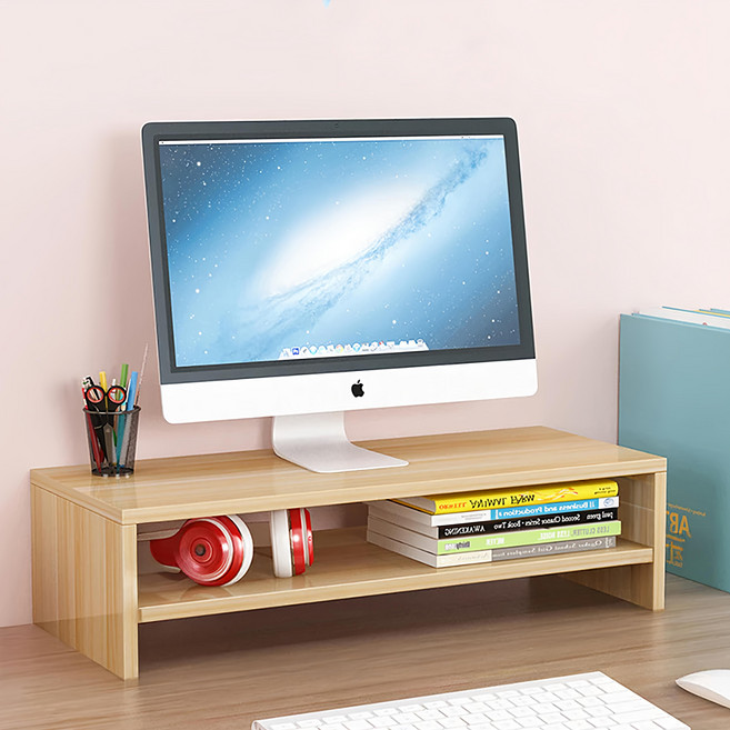 費歐家 雙層無隔斷木質螢幕增高架, 原木色, 1個