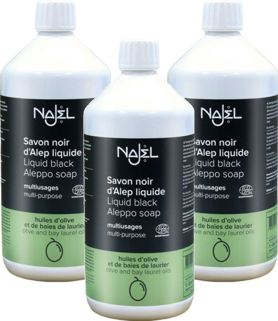 NAJEL 阿勒坡萬用神奇黑皂液 1L 橄欖油和月桂油製成 清潔和去除油脂 廚房/浴室/地板清潔, 3瓶