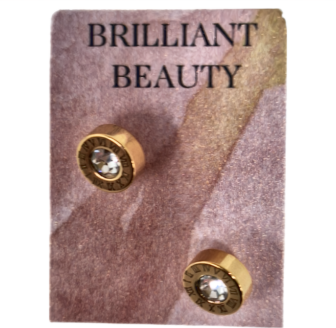 Brilliant Beauty 耀眼美人 金色羅馬數字鋯石鑽鈦閃耀/鈦鋼耳環