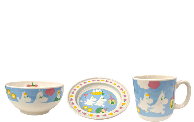 yamaka 山加商店 陶瓷3件組 馬克杯 (約250ml) + 飯碗 (直徑約10.5x5cm) + 盤 (直徑約14x3cm) 日本製, 馬克杯 + 飯碗 + 盤, MOOMIN 白色 + 藍色, 1組