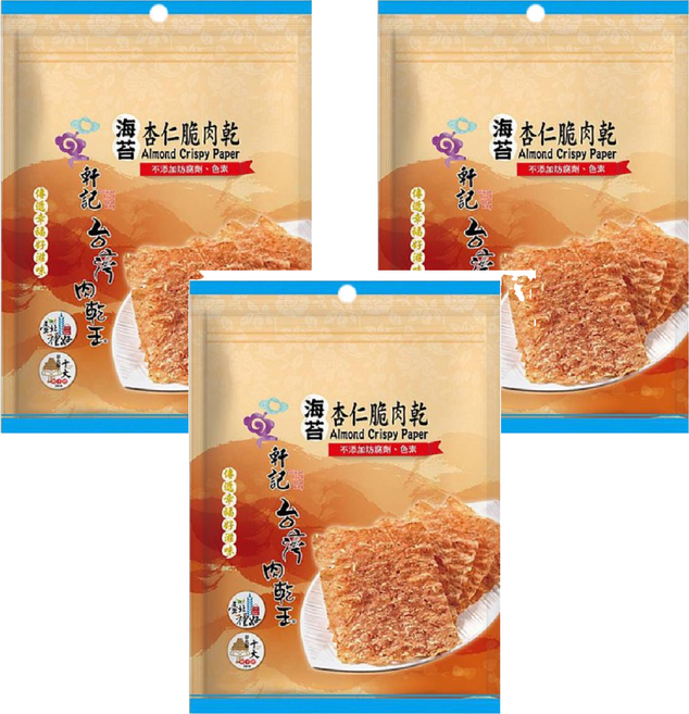 Taiwan dried meat king 軒記 台灣肉乾王 海苔杏仁脆豬肉乾, 100g, 3包
