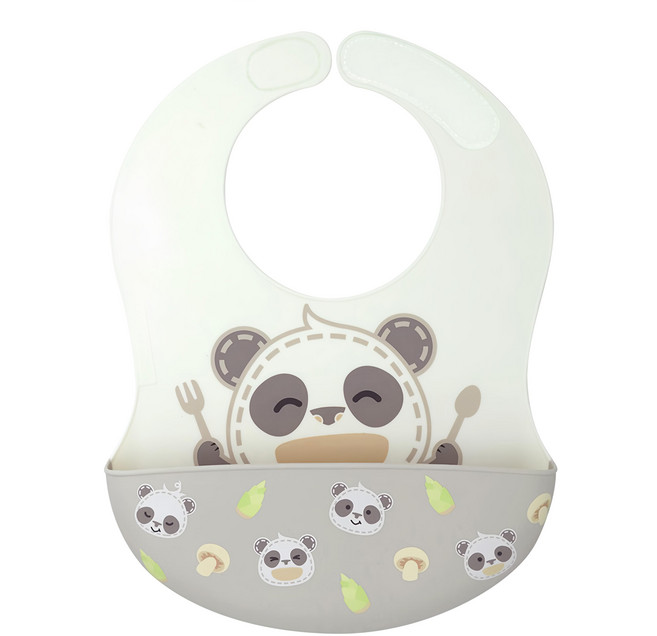 MARCUS&MARCUS 動物樂園大口袋寬版矽膠立體圍兜, 貓熊, 1件, 1件