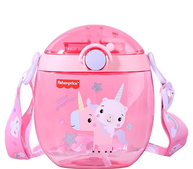 fisher-price 費雪 迪士尼 立體3D圖案矽膠包覆方形兒童用吸管水壺, 1個, 550ml, 粉色費雪