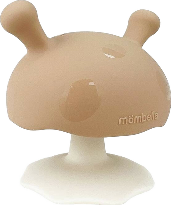 mombella 啾比小蘑菇固齒器套組 食用級矽膠色料 柔軟Q彈 可高溫消毒, 收納盒 + 固齒器 + 防掉繩, 焦糖奶茶, 1組