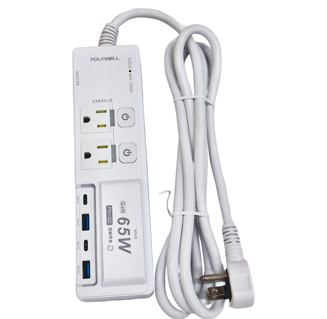 POLYWELL 寶利威爾 65W超級閃充電源延長線 PW15-T05-A060, 1.8m, 白色, 1個