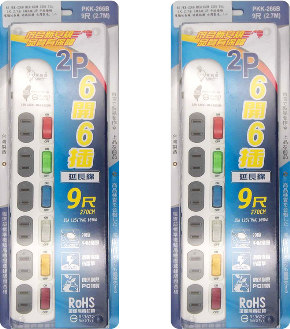 spirit 電精靈 平貼插頭 電腦延長線 過載保護 6開6插 PKK-266B 125V 15A, 270cm, 白色, 2個