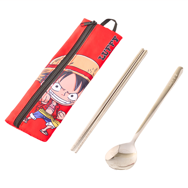 ONE PIECE 海賊王 TOEI ANIMATION 海賊王 304不鏽鋼簡易餐具組 OPE-FS07, 湯匙 + 筷子 + 收納袋, 魯夫 紅色 + 銀色, 1組
