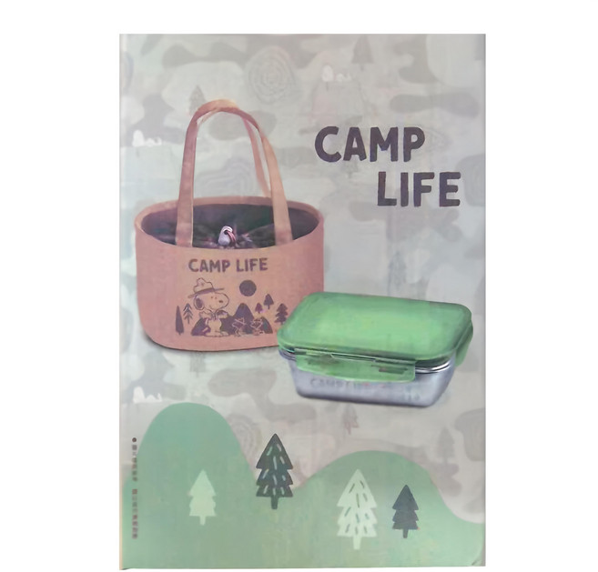 PEANUTS 史努比 CAMP LIFE 野營趣不銹鋼餐盒保溫提袋組 餐盒 (20 x 14.5 x 7cm 850ml) + 提帶 (21.5 x 13 x 14cm 450g), 夕褐, 1組