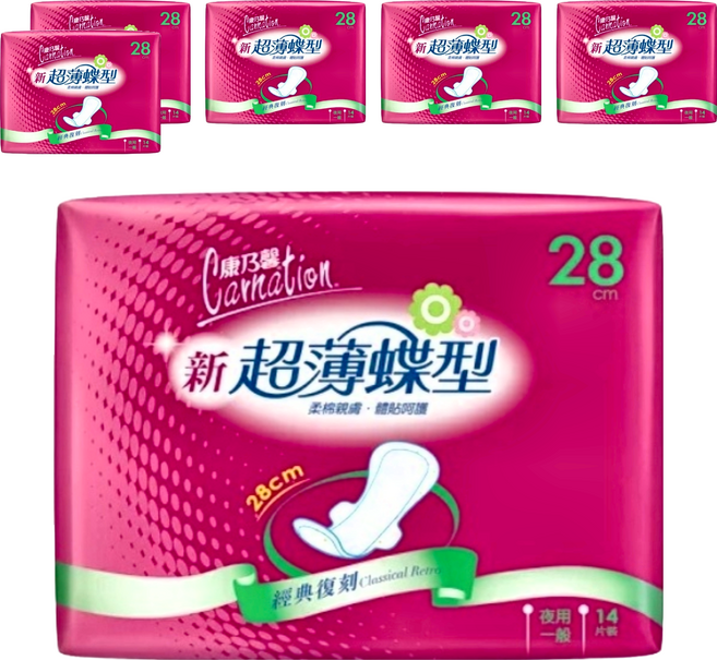 康乃馨 新超薄蝶型衛生棉 護翼型, 夜用型(28cm), 14片, 6包
