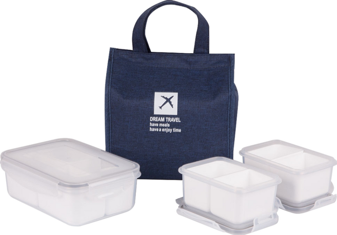 Nanu Dam 可微波塑膠多格保鮮盒組, 3個便當盒 + 1個保冷袋, 1組