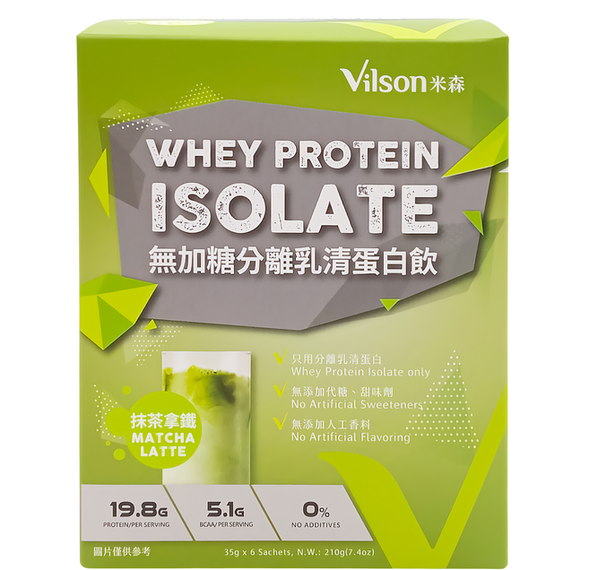 Vilson 米森 無加糖分離乳清蛋白飲 抹茶拿鐵 6包入 高蛋白低負擔, 35g, 1盒