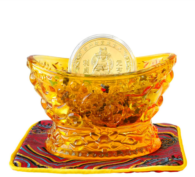 財神小舖 財神聚寶 琉璃元寶聚寶盆擺件 (10x6x6cm), 琉璃元寶 金色, 1個