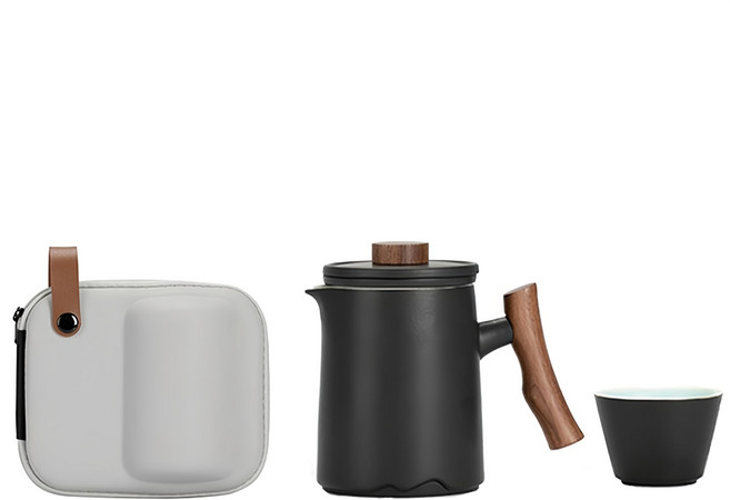 倉木 旅行茶具組 陶瓷材質 含專屬收納包, 1組, 茶壺 + 茶杯4個 + 濾杯 + 茶壺蓋 + 收納袋, 黑色