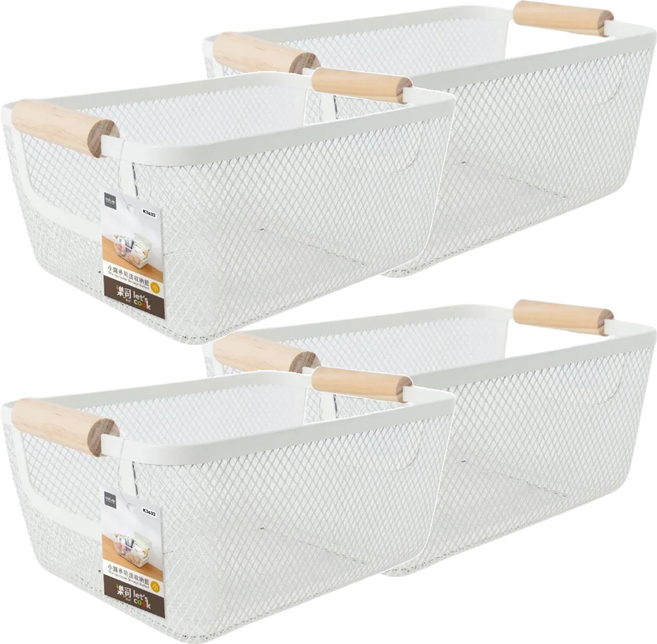 樂司廚品 小鐵多用途收納籃, 白色 + 原木色, 4個