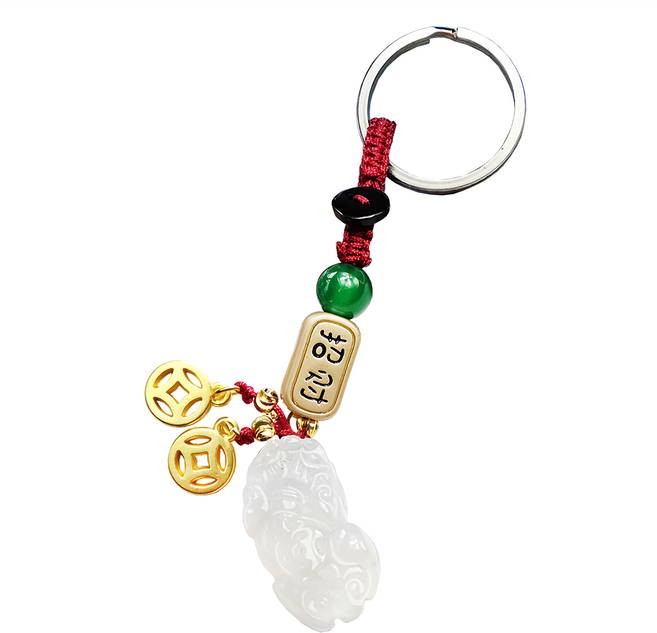 白玉髓貔貅鑰匙圈 包包掛飾 開運掛飾 精美禮品, 白色, 1個