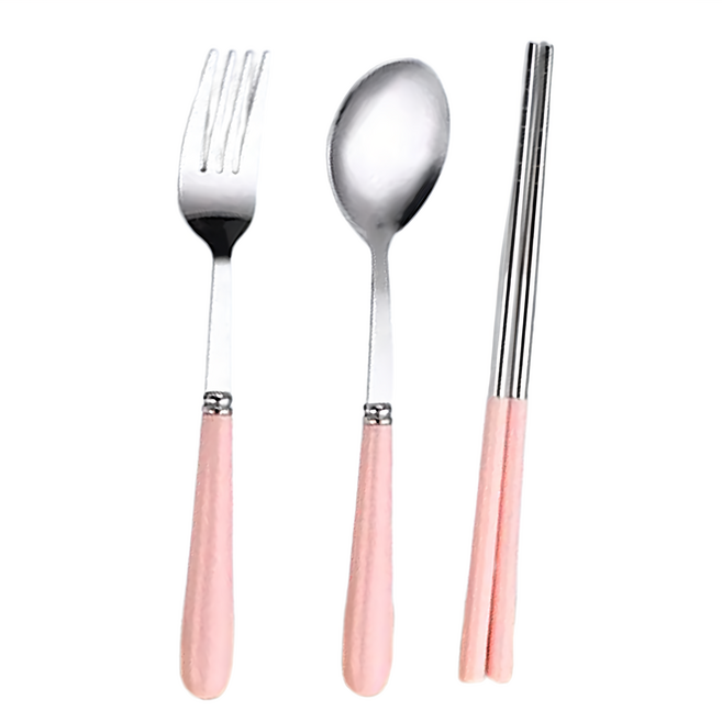 FANCY LIFE 旅行餐具3件組, 筷子 + 叉子 + 湯匙, 粉色, 1組