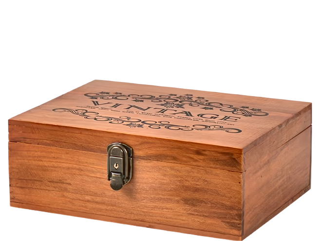 帶鎖收納盒 松木金屬材質 32.4x23.6x11.7cm, 仿舊實木 褐色, 1個