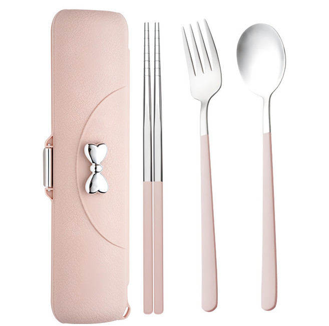 蝴蝶結304不鏽鋼餐具3件套 粉色, 1組
