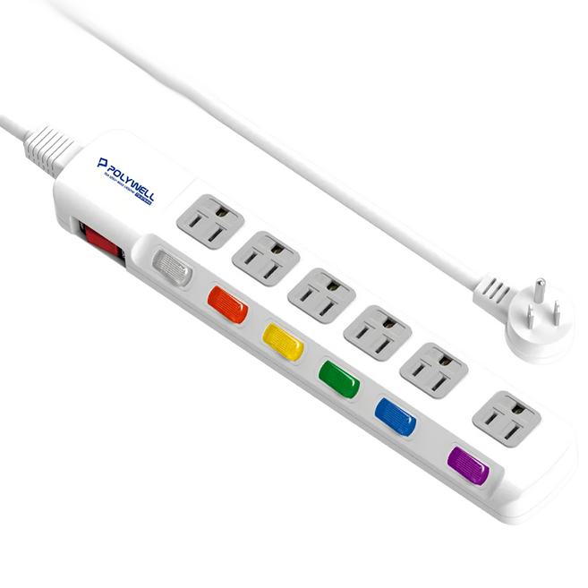 POLYWELL 寶利威爾 3孔電源延長線7切6座 pw15-t05-b030, 180cm, 白色 + 灰色 + 霓虹色, 1個