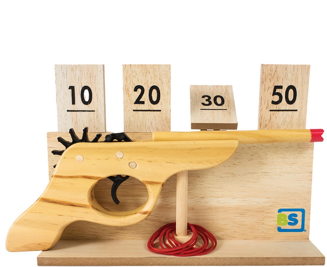 BS Toys 射擊123 遊戲記分板*1個+橡皮筋槍*1支+橡皮圈*5條, 木色, 1組