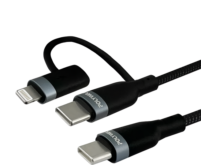 POLYWELL 寶利威爾 USB-C To C+Lightning PD編織快充線, 2m, 黑色, 1條