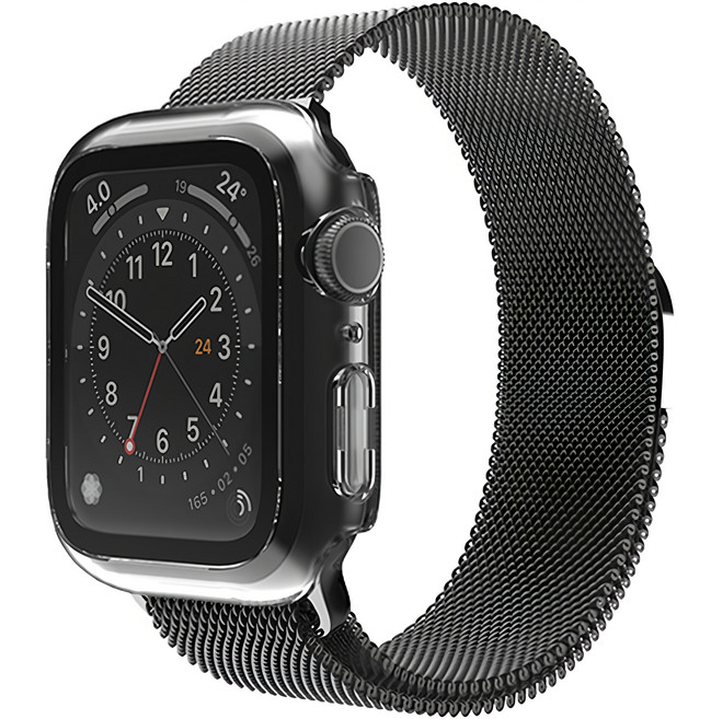 SINJIMORU Apple Watch 兼容 磁吸式 金屬 米蘭尼斯 錶帶 + 9H 全包覆 一體式 保護殼, 黑色, 1個