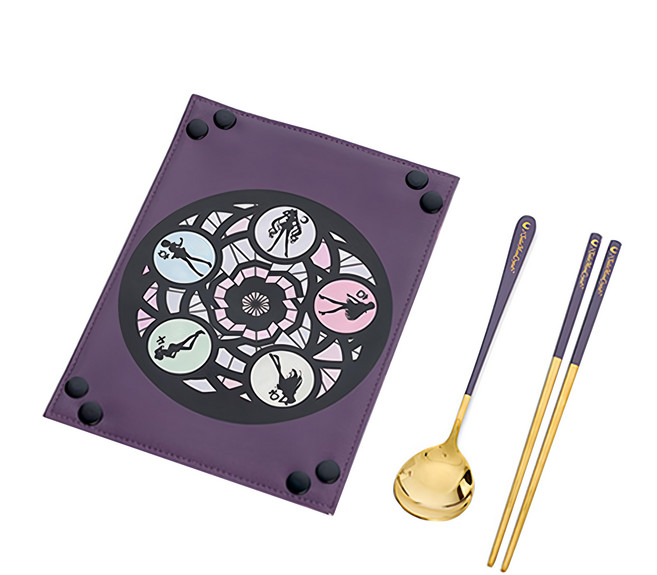 Hiromimi 美少女戰士 Crystal 餐具3件組 餐具袋PU皮 304不鏽鋼勺子筷子, 湯匙 + 筷子 + 餐具袋, 水手五戰士 紫色 + 金色, 1組