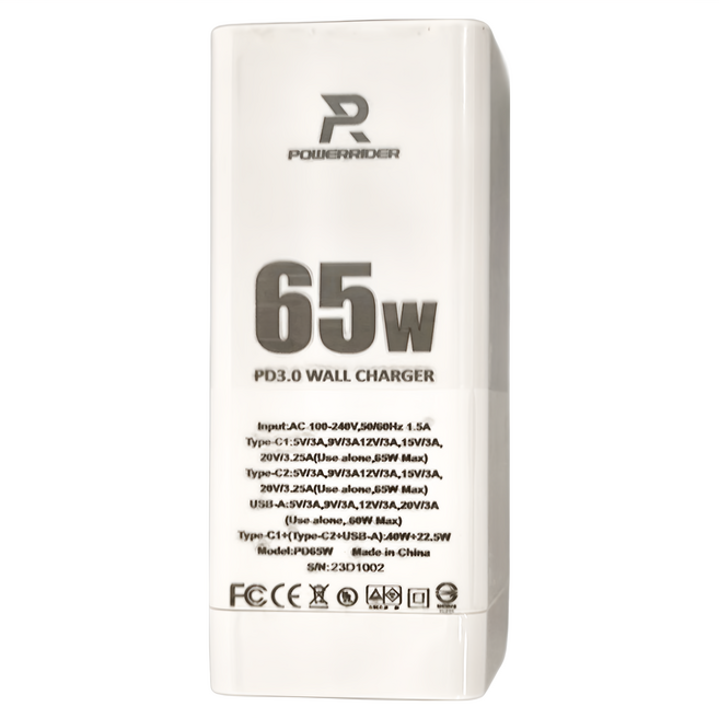 POWERRIDER 3孔PD快充折疊充電器 PD65W 75.4 x 39 x 32mm 120g, 白色, 1個