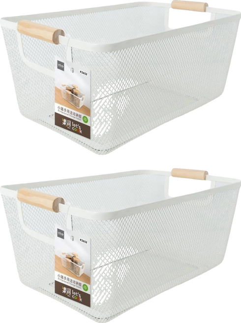 Let's cook 樂司廚品 小鐵多用途收納籃 鐵/手柄/松木, 白色, 2個