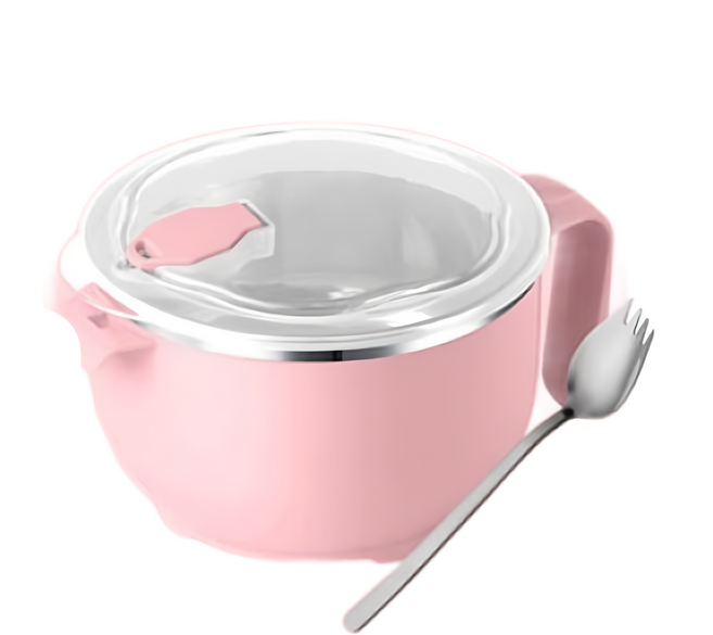 大容量304不鏽鋼帶叉匙泡麵碗, 芙蓉粉, 1.2L, 1組