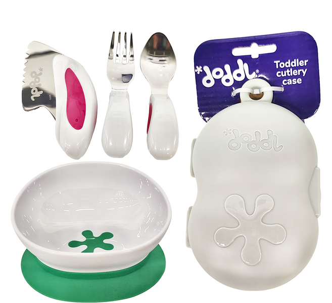 doddL 秒拾餐具6件組, 多色, 1組, 幼兒湯匙 + 叉子 + 刀子 + 攜帶盒 + 吸盤餐碗