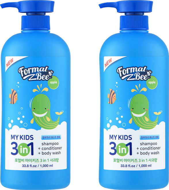 Formal Bee Kids 3合1 嬰幼兒洗潤髮沐浴乳 蘋果香, 1L, 2瓶